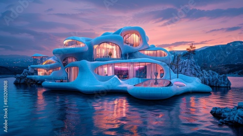 futuristic lake house with large glass windows photo