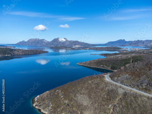 Obraz na płótnie Panoramic drone view of Holandsfjord and Nordfjord in Nordland county. In the background is the Svartisen glacier, Norway's second largest glacier w salonie