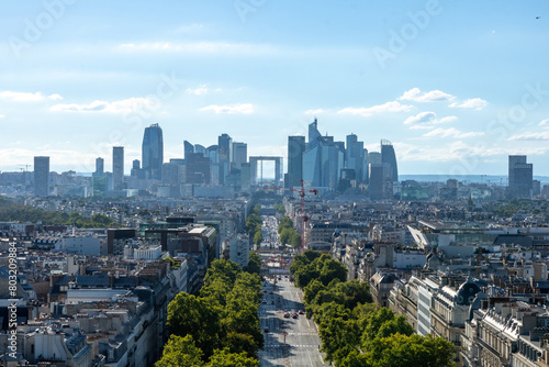 Panoramic view of the arch of La Défense,  Arc de Triomphe de l'Étoile, located on the Charles de Gaulle square, and at the western end of the Champs Elysées avenue 