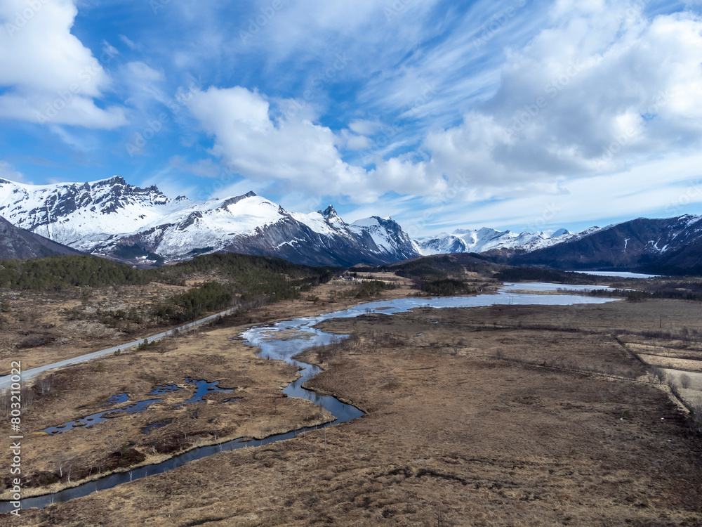 Panoramic drone view of the Bjærangfjorden in April in Nordland county, Norway
