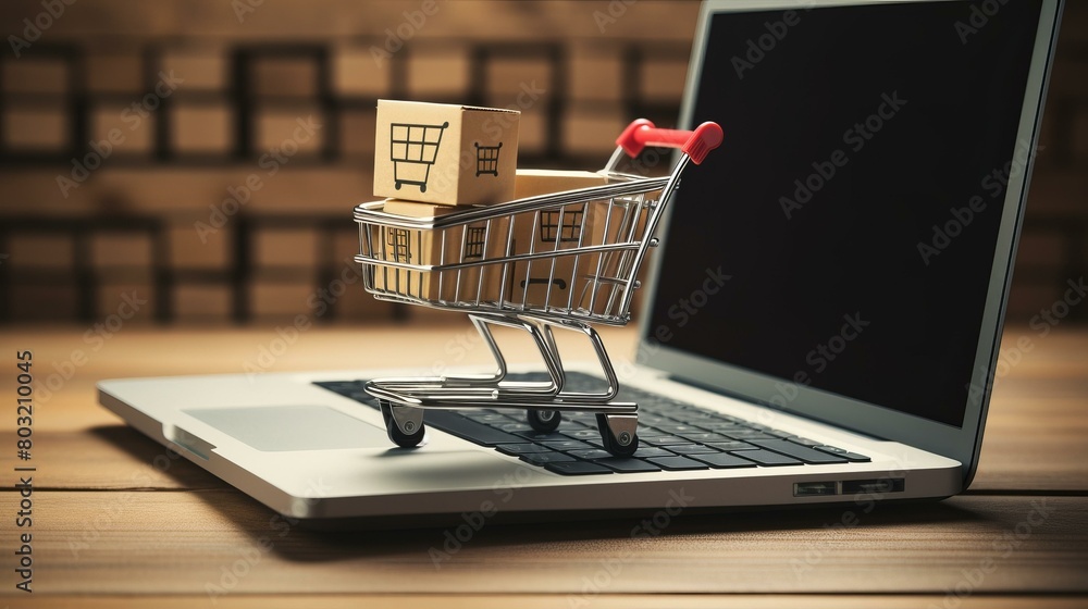 Laptop with shopping cart and cardboard boxes on keyboard