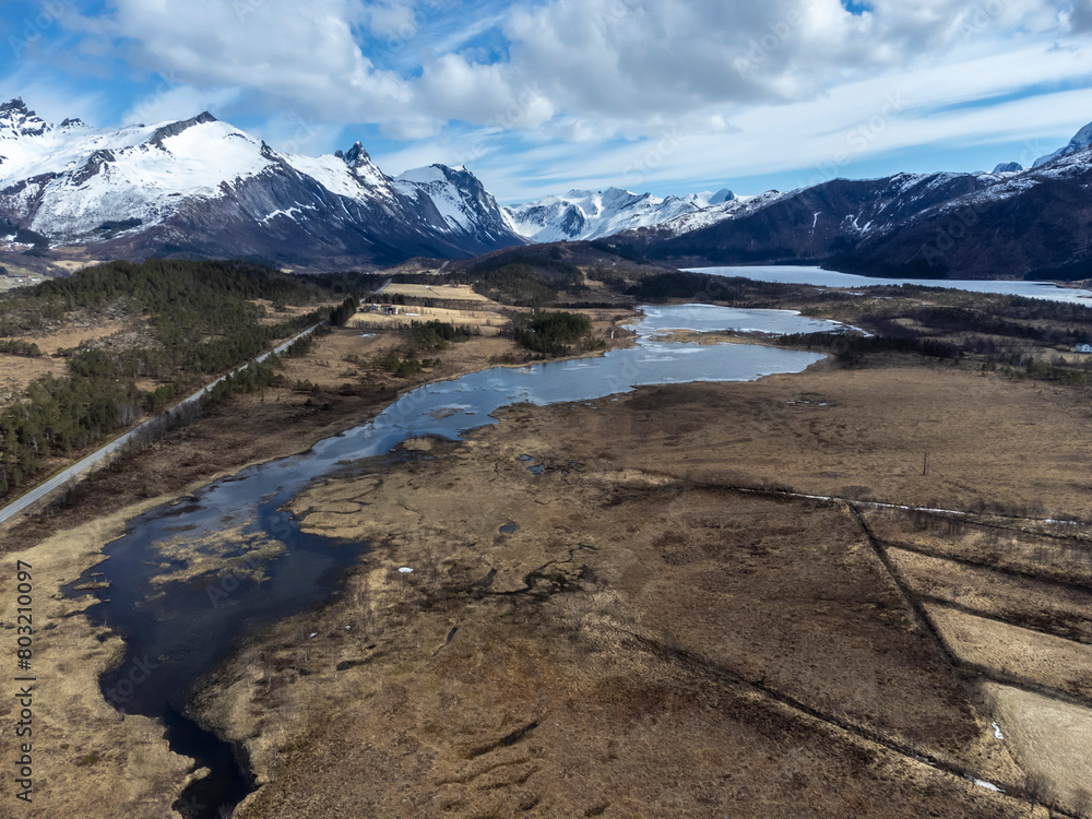 Panoramic drone view of the Bjærangfjorden in April in Nordland county, Norway