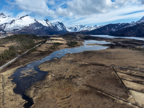Obraz na płótnie Panoramic drone view of the Bjærangfjorden in April in Nordland county, Norway w salonie