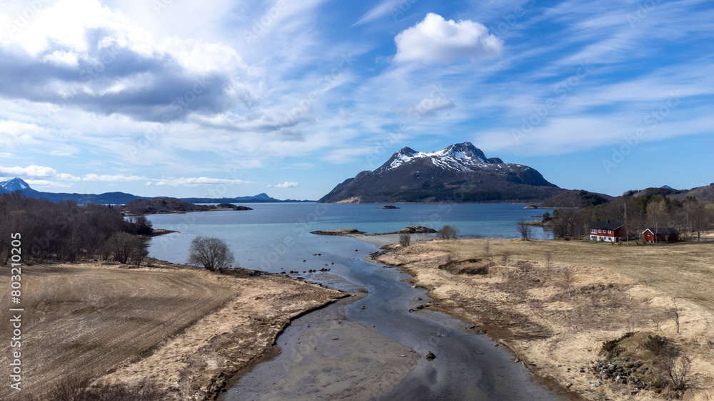 Drone shot over the islands of Storoya, Hestoya, Amnoya and Gronnoya in Nordland county, Norwa