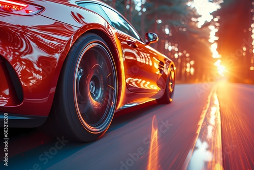 A sleek racing sports car zooming down a straight track, its body reflecting the sunlight as it reaches a speed of 200km/hr. The blurred background emphasizes its incredible velocity