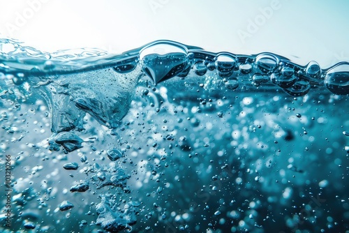 water with air bubbles underwater, splash and waves on white background 