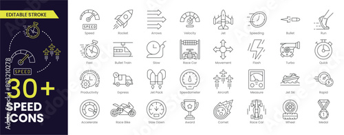 Speed Stroke icon collections. Containing fast, slow, movement, productivity, indicator, turbo, speeding, gauge, express and speedometer icons. Stroke icon collection Editable Outline icon