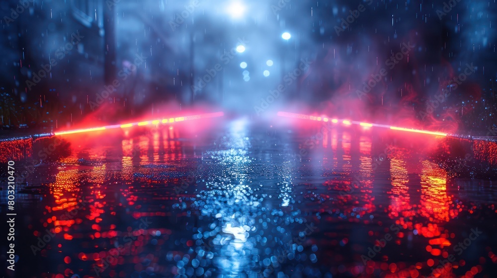 Rain Soaked Street With Red and Blue Lights