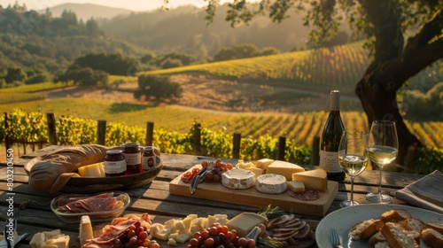 Elegant rustic picnic on a sunset-lit vineyard with various cheeses, wines, and fruits