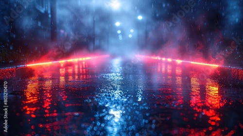 Rain Soaked Street With Red and Blue Lights