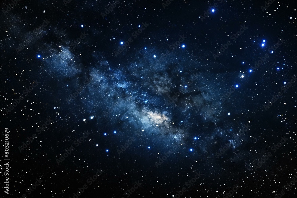 Blue and purple starry night sky with bright stars and a glowing blue nebula Blue and purple starry night sky with bright stars and a glowing blue nebula