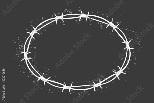 Barbed wire twisted ring y2k, round border tattoo, gothic textured steel frame, spiky oval barrier, silhouette isolated on dark background.
