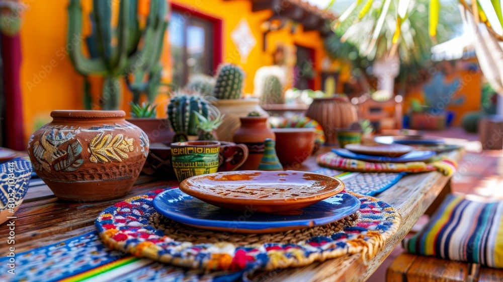 Colorful traditional pottery on a rustic wooden table in a bohemian style restaurant