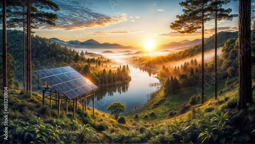 Sunrise over a tranquil lake with solar panels and pine trees, reflecting the fusion of natural beauty and sustainable technology.