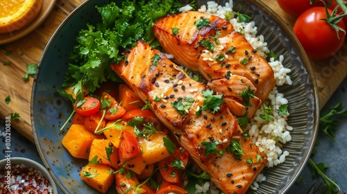 Salmon with roasted vegetables and rice