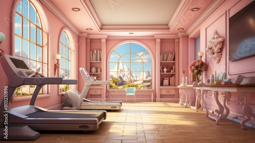 Pink home gym with large windows and a view of the mountains © Adobe Contributor
