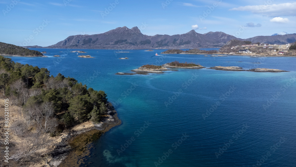 Drone shot over the islands of Storoya, Hestoya, Amnoya and Gronnoya in Nordland county, Norwa