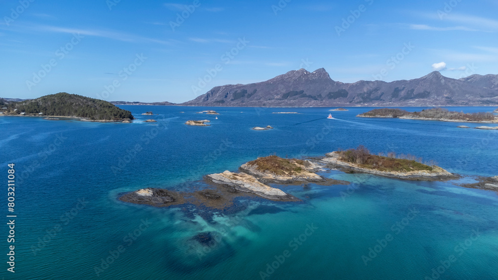 Drone shot over the islands of Storoya, Hestoya, Amnoya and Gronnoya in Nordland county, Norwa