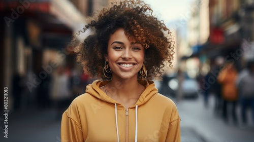 portrait of a smiling young woman with curly hair wearing a yellow hoodie