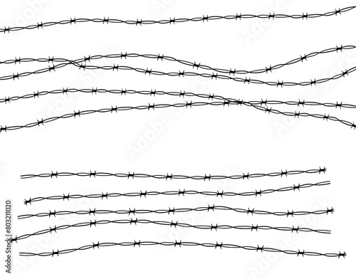 Barbed wire twisted barrier gothic steel boundary, silhouette guard fence, protection isolated on white background. Design element for military, secure object, prison. 