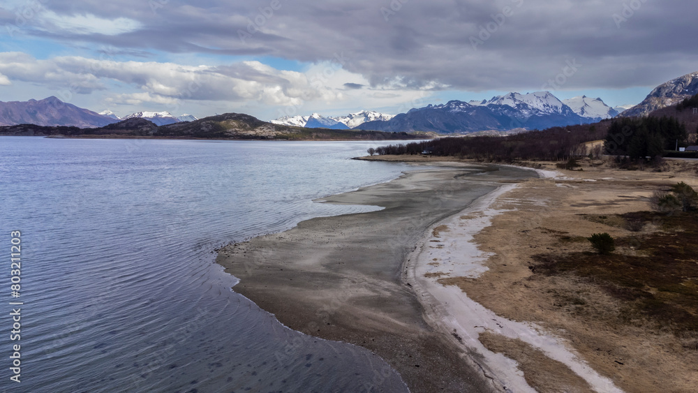 drone shot of the Coastal section near Amnoya in Nordland county, Norway