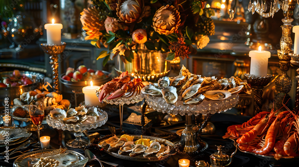 luxury seafood buffet with oysters, shrimp, lobster and crabs on ice on crystal platters luxury seafood buffet with oysters, shrimp, lobster and crabs on ice on crystal platters