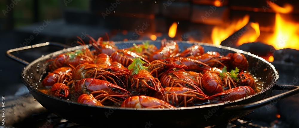 A delicious plate of crayfish is being cooked over an open fire