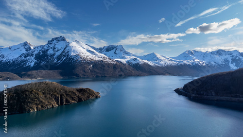 Panoramic drone view of Holandsfjord and Nordfjord in Nordland county. In the background is the Svartisen glacier, Norway's second largest glacier photo