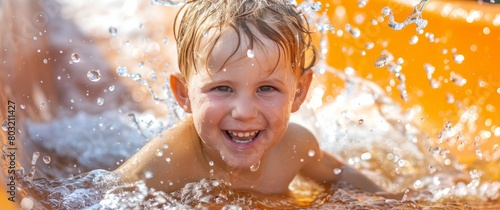 A young boy gleefully splashing and playing in the water on a sunny day