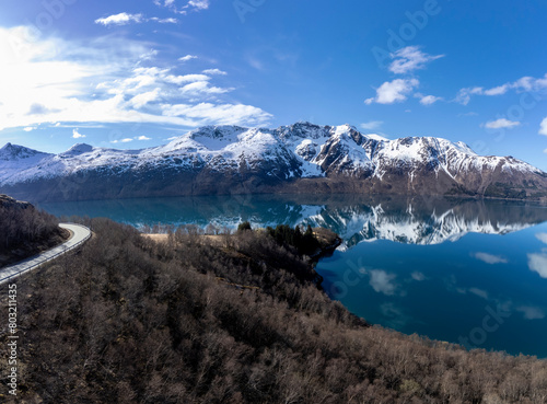 Obraz na płótnie Panoramic drone view of Holandsfjord and Nordfjord in Nordland county. In the background is the Svartisen glacier, Norway's second largest glacier w salonie