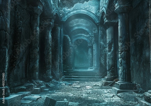 Mystical frozen temple ruins overgrown with ice and snow photo
