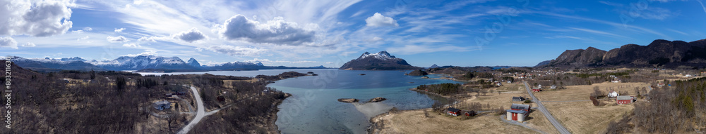 Drone shot over the islands of Storoya, Hestoya, Amnoya and Gronnoya in Nordland county, Norwa