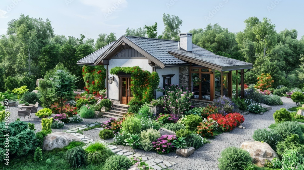 An illustration of a beautiful garden with a house An illustration of a beautiful garden with a house