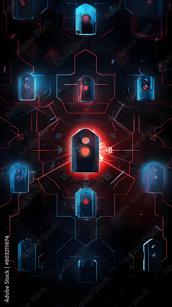 Cybersecurity Network with Red and Blue Firewall Shields and Locks and Secure Connection on Dark Background