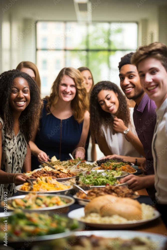 Multi-ethnic group of young people enjoying a buffet Multi-ethnic group of young people enjoying a buffet