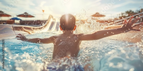 A young boy joyfully splashes and plays in the water at a bustling water park on a sunny day