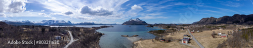 Drone shot over the islands of Storoya  Hestoya  Amnoya and Gronnoya in Nordland county  Norwa