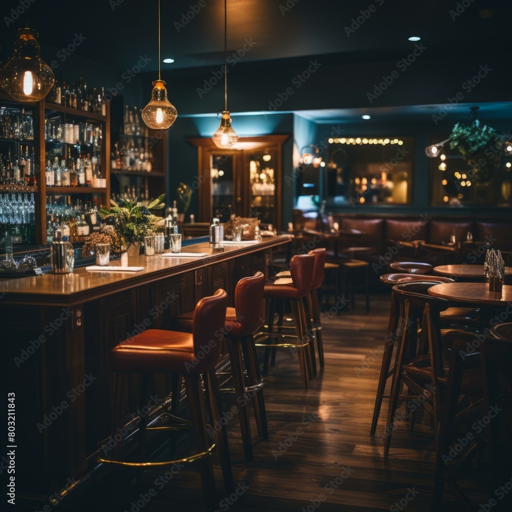 Obraz premium Luxurious bar interior with dark wood and leather seating