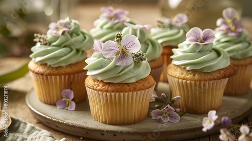 Floral Charm: Sage Green Cupcakes with Edible Flower Decoration