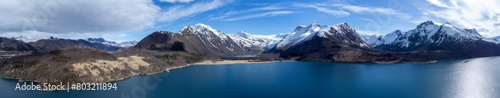Panoramic drone view of Holandsfjord and Nordfjord in Nordland county. In the background is the Svartisen glacier, Norway's second largest glacier photo