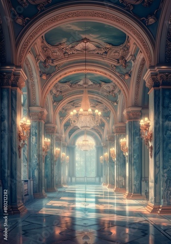 ornate hallway with marble columns and crystal chandeliers