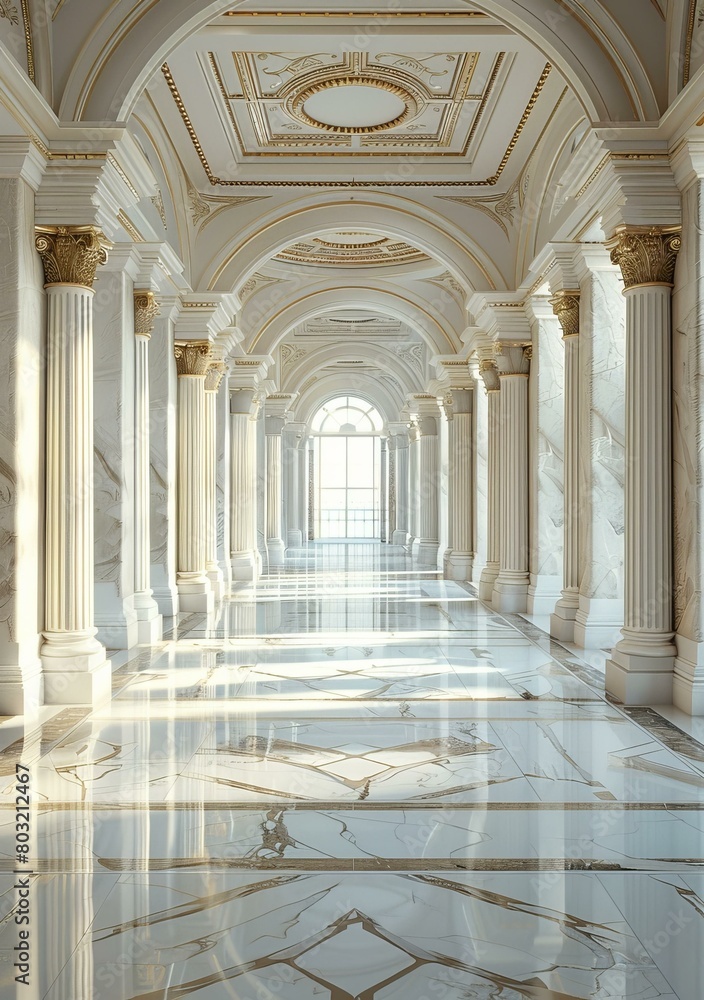 A long hallway with white marble columns and a shiny floor