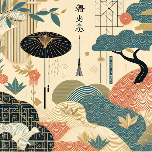 seamless pattern with birds and flowerspattern, umbrella, vector, illustration, rain, seamless, autumn, design, wallpaper, artAi generated  photo