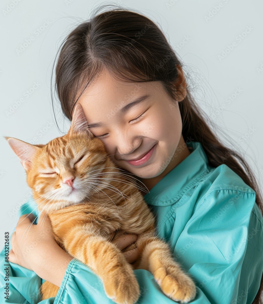 Asian girl hugging an orange cat Asian girl hugging an orange cat