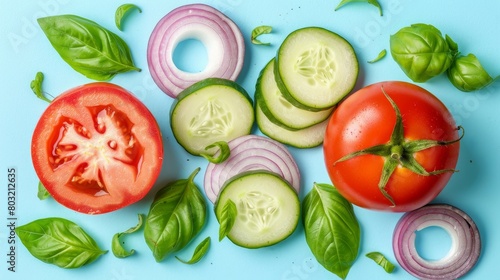 Fresh tomato, onion, cucumber, basil leaves flat lay top view - salad preparation inspiration