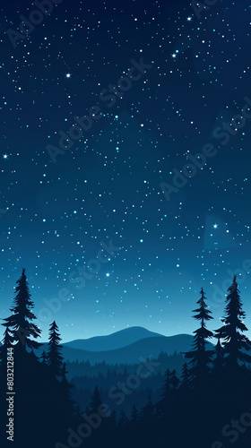 vector illustration of midnight night sky, forest landscape, stars in the distance, dark blue tone, simple flat design  © Ray