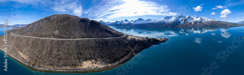 Obraz na płótnie Panoramic drone view of Holandsfjord and Nordfjord in Nordland county. In the background is the Svartisen glacier, Norway's second largest glacier w salonie