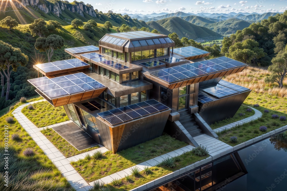 A luxurious eco-friendly home with solar panels covering the roof and walls, set against a breathtaking mountainous landscape with rays of sunlight streaking across.