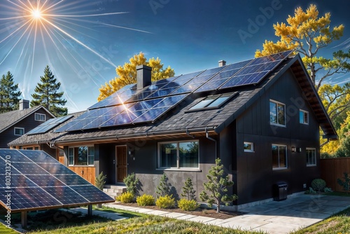 A residential property with solar panels installed on the rooftop, capturing sunlight against a vivid blue sky and fall foliage, showcasing renewable energy solutions.