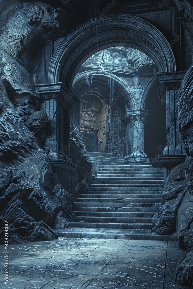 Dark fantasy dungeon with stairs, statues, and a glowing portal
